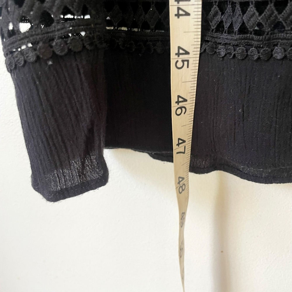 Black Gauze Tie Back Midi Dress Small Crochet Lace Trim Boho Cottage Witchy - Picture 9 of 9